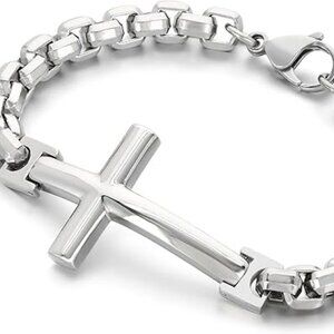 New Christian Stainless Steel Cross Link Silver Men's Bracelet Religious w Clasp